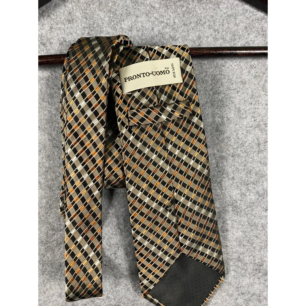 Pronto Uomo Mens SilkTie Black Gold Orange Geometric Grid Plaid HandMade Necktie